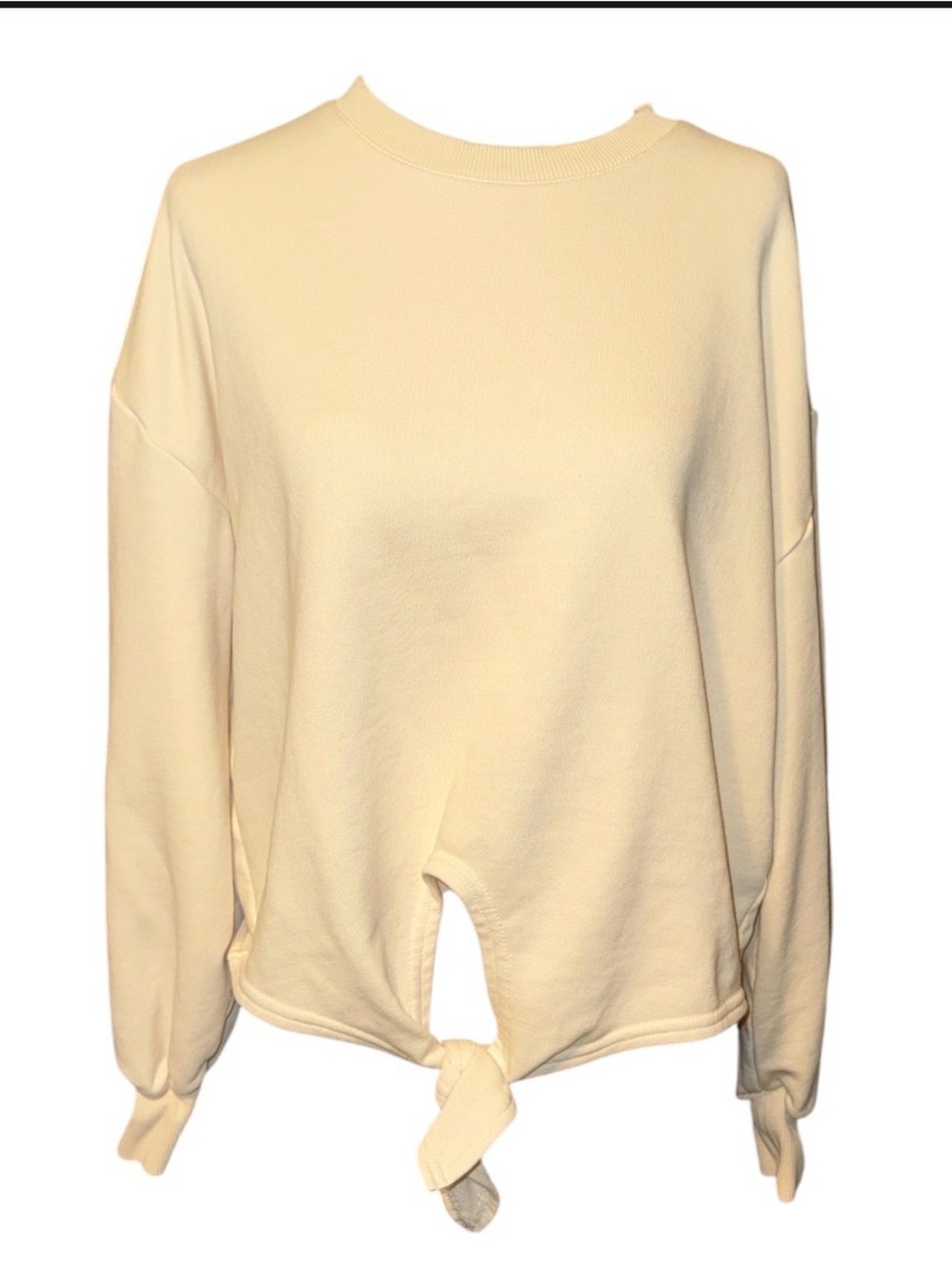 cinq a sept Cream Ribbed Crewneck Front Tie Sweatshirt
